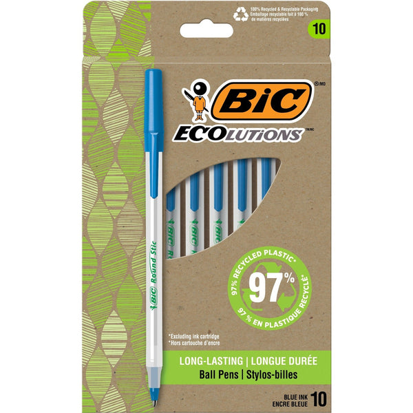 BIC ReVolution Round Stic Ballpoint Pen - Medium Pen Point - 1 mm Pen Point Size - Blue - Semi-transparent Barrel - 10 / Dozen (BICGSME10BE)