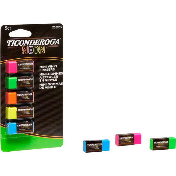 Ticonderoga Neon Mini Erasers - Neon Pink, Neon Green, Neon Orange, Neon Yellow, Neon Blue - Vinyl - 5 / Pack - Latex-free, Soft, Smudge-free, Residue-free, Non-abrasive, Non-tearing, Non-toxic (DIXX38965) Pack of 5