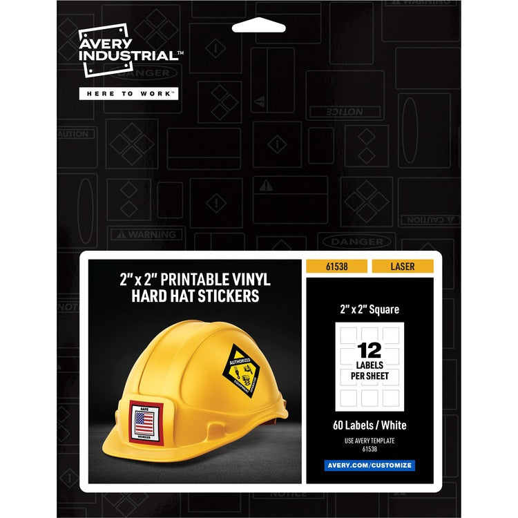 Avery&reg; Printable Hard Hat/Helmet Vinyl Stickers - Square Shape - Full-Bleed Design - 2", x 2" Width - White - Vinyl (AVE61538) Pack of 60