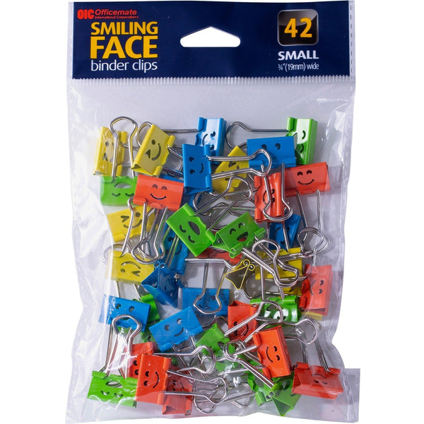 Officemate Smiling Faces Binder Clips - Small - 2.9" Length x 0.8" Width - 0.38" Size Capacity - Foldable, Removable Handle - 42 / Bag - Green, Red, White, Yellow (OIC31090) Pack of 42