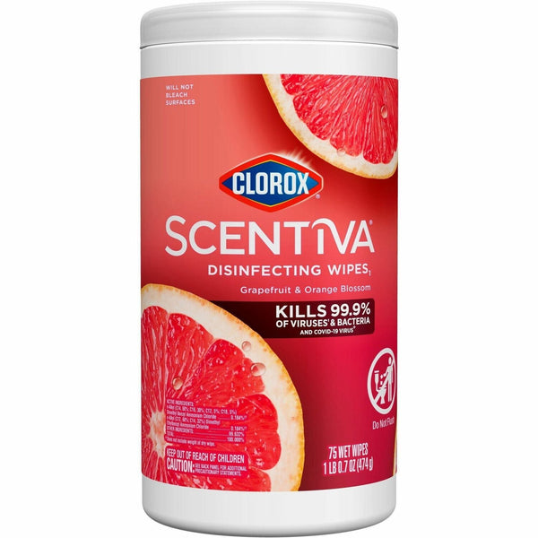 Clorox Scentiva Bleach-Free Disinfecting Wipes - Ready-To-Use Wipe - Grapefruit Scent - 75 / Tub (CLO60036)