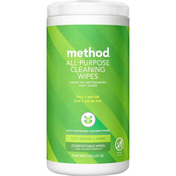 Method All Purpose Cleaning Wipes, 1 Ply, Lime and Sea Salt, White, 70/Canister (MTH338525) Each