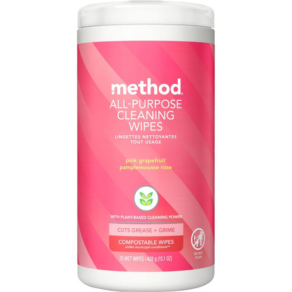 Method All Purpose Cleaning Wipes, 1 Ply, Pink Grapefruit, White, 70/Canister (MTH338527) Each