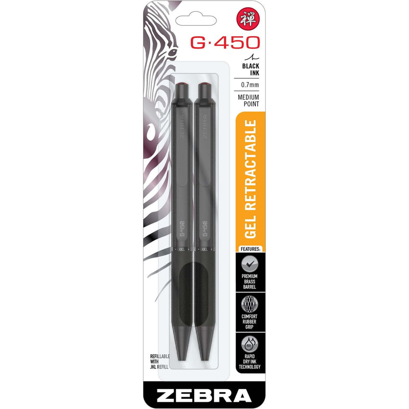 Zebra Pen G-450 Gel Retractable 0.7mm Black 2Pk, Medium Pen Point, Refillable, Retractable, Black Brass Barrel, 2/Pack (ZEB49512) Pack of 2