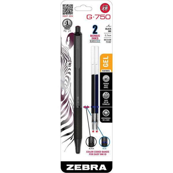 Zebra Pen G-750 Gel Retractable 0.7mm Black 1Pk, Medium Pen Point, Refillable, Retractable, Black Brass Barrel, 1/Pack (ZEB49811) 1 Pack