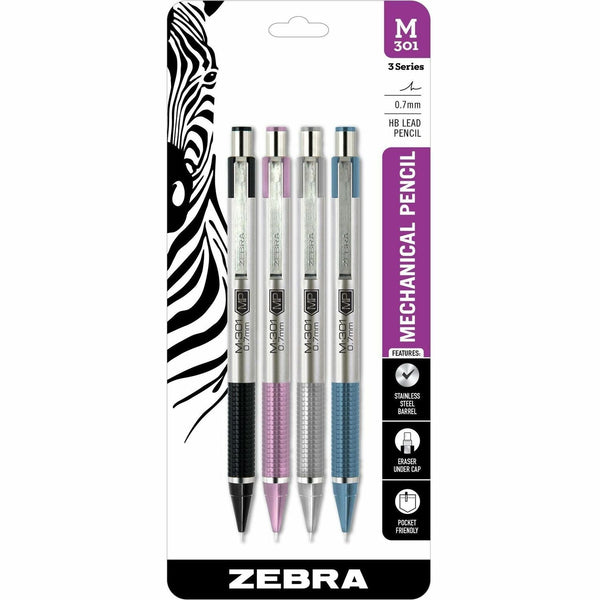 Zebra Pen STEEL 3 Mechanic Pencil, HB Lead, 0.7 mm Lead Diameter, Medium Point, Refillable, Black Stainless Steel, Pink, Silver, Blue Barrel, 4/Pack (ZEB54114) Pack of 4