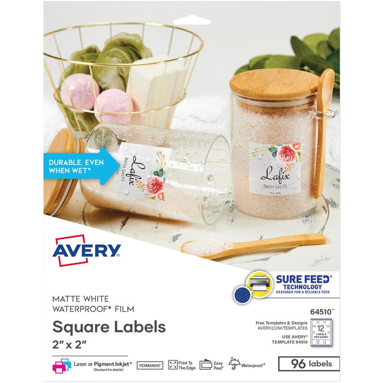 Avery&reg; Multipurpose Label - 2" x 2", Permanent Adhesive - Square - Glossy White - Polyester Film - 12 / Sheet - 96 Total Label(s) - 8 / Pack (AVE64510)