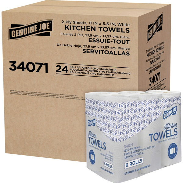 Genuine Joe Kitchen Paper Towels - 2 Ply - 140 Sheets/Roll - White - 24 Rolls / Carton (GJO34071)