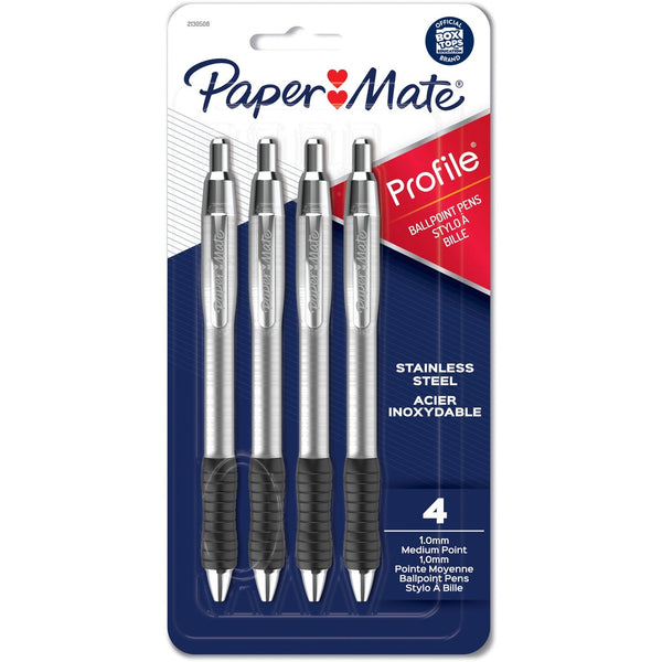 Paper Mate Profile Retractable Ballpoint Pens - 1 mm Pen Point Size - Retractable - Gray - Assorted Stainless Steel Barrel - 4 / Pack (PAP2130508) Pack of 4