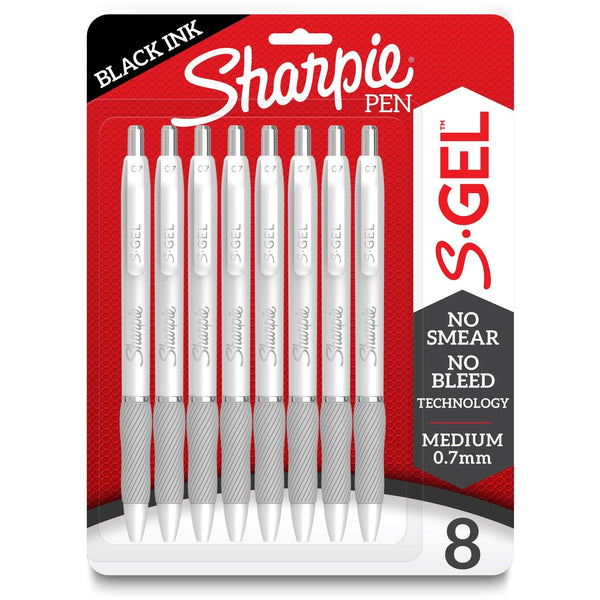 Sharpie S-Gel Pens - Medium Pen Point - 0.7 mm Pen Point Size - Black Gel-based Ink - White Metal Barrel - 8 / Pack (SAN2169762) Pack of 8