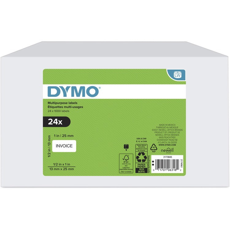 Dymo Multipurpose White Medium Labels - 1" x 1/2", Rectangle - Thermal - White - 1000 / Roll - 24 / Box - Jam Resistant, Self-adhesive, Hassle-free (DYM2173845)