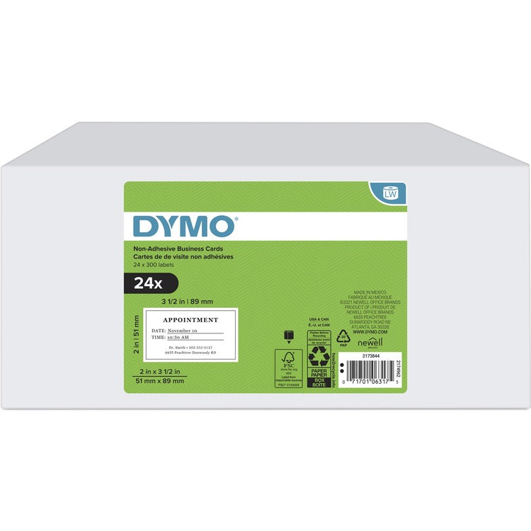 Dymo LabelWriter Business Card Label - 2" x 3 1/2", Direct Thermal, White,300 / Roll, 24 / Box (DYM2173844)