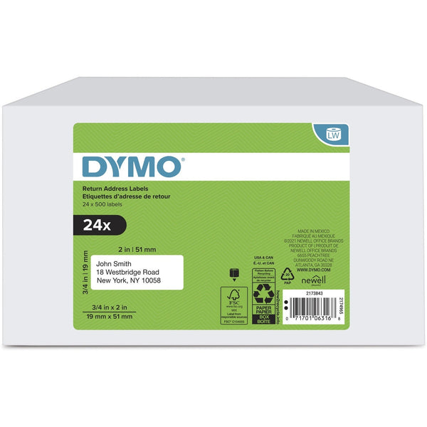 Dymo Return Address Multipurpose Labels - 3/4" x 2", White - 500 / Roll - 24 / Box - Self-adhesive (DYM2173843)