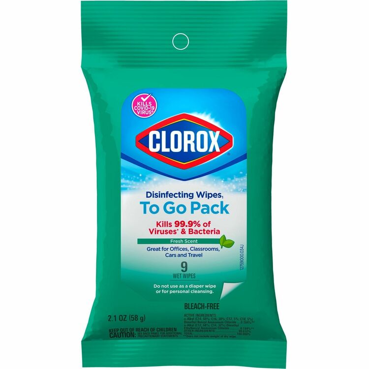 Clorox On The Go Bleach-Free Disinfecting Wipes - Ready-To-Use Wipe - Fresh Scent - 9 / Pack - White (CLO60133) Each