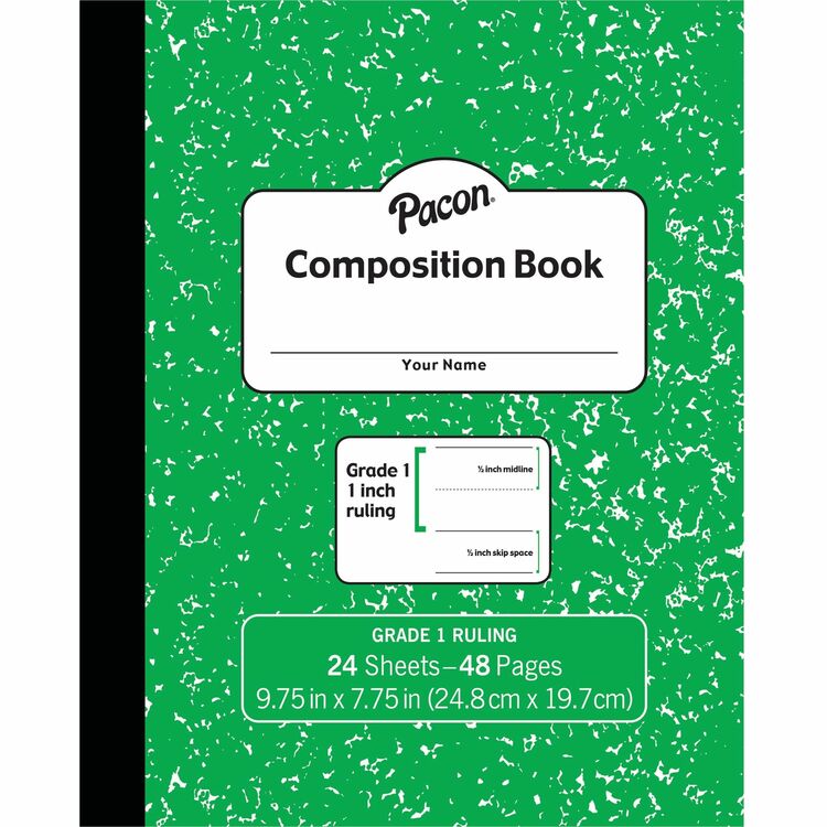 Pacon Composition Book, 24 Sheets, 48 Pages, 9.8" x 7.5", Green Marble Cover (PACPMMK37137)