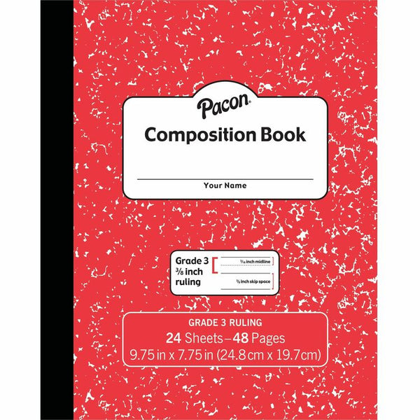 Pacon Composition Book - 24 Sheets - 48 Pages9.8" x 7.5" - Red Marble Cover - Durable Cover, Soft Cover (PACPMMK37139)