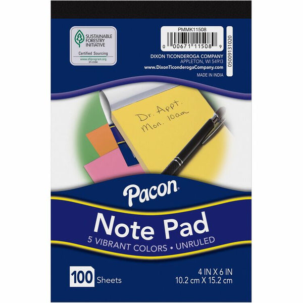 Pacon Note Pad - 4" x 6" - Rectangle - 100 Sheets per Pad - Unruled - Assorted - Recyclable, Compact (PACPMMK11508) Each