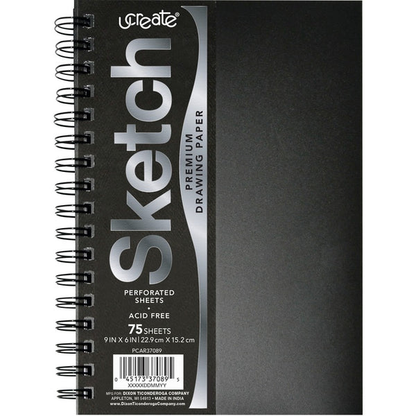 UCreate Poly Cover Sketch Book - 75 Sheets - Spiral - 70 lb Basis Weight9" x 6" - Black Cover (PACPCAR37089) Each
