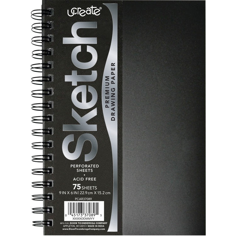 UCreate Poly Cover Sketch Book - 75 Sheets - Spiral - 70 lb Basis Weight9" x 6" - Black Cover (PACPCAR37089) Each