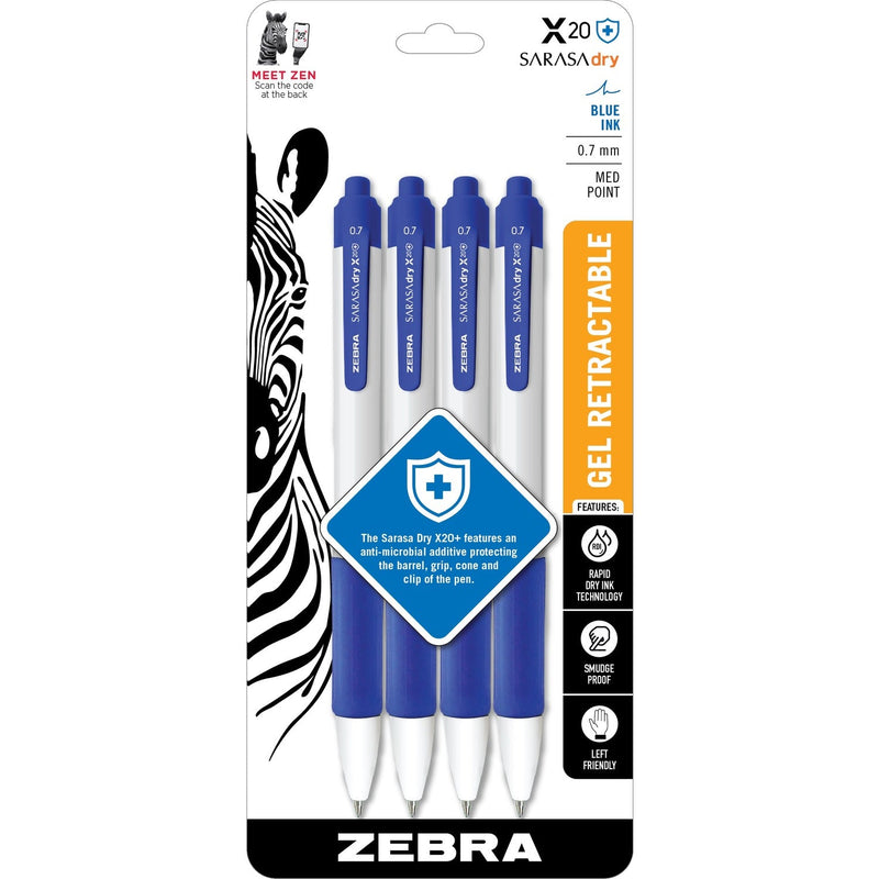 Zebra SARASA dry X20+ Gel Retractable Antimicrobial Pens, Blue Gel-based Ink, Plastic Barrel, 4/Pack (ZEB41624) Pack of 4