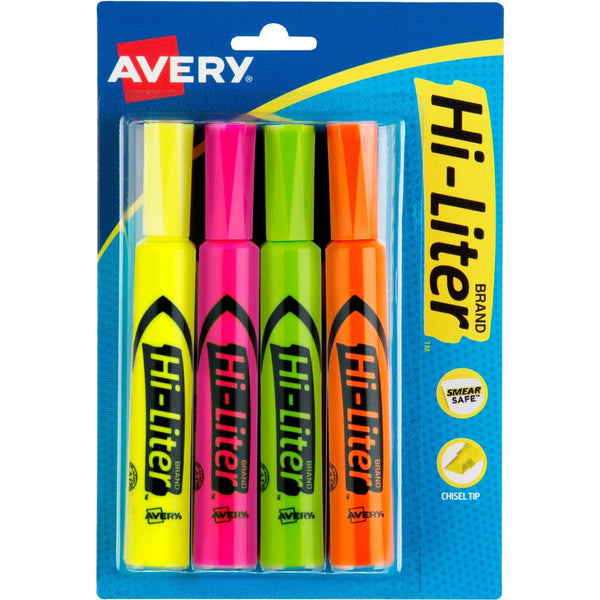 Avery&reg; HI-LITER Desk-Style Highlighters, Chisel Tip, Assorted Colors, 4/Set (AVE24063)