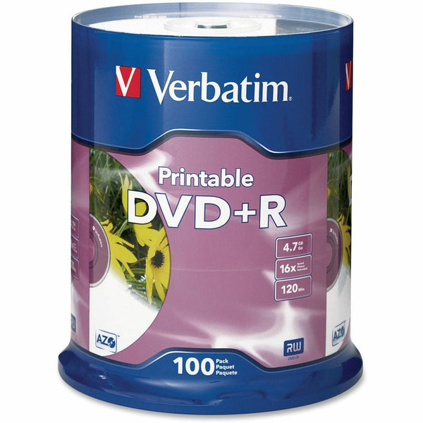 Verbatim DVD+R, 16x, 4.7GB, Inkjet Printable, 100/PK, White (VER95145) Pack of 100