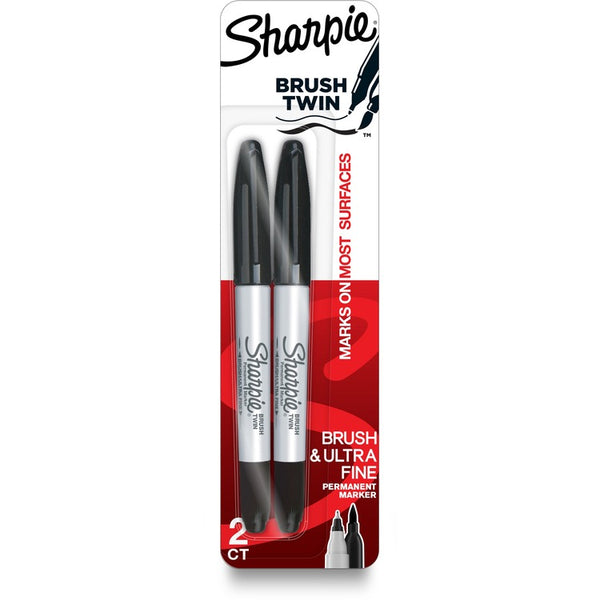 Sharpie Brush Twin Permanent Markers - Ultra Fine Marker Point - Brush Marker Point Style - Black - 2 / Pack (SAN2152698)