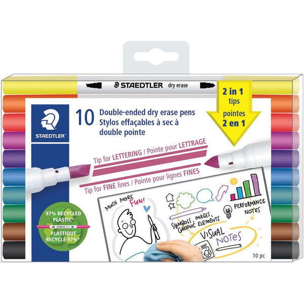 Staedtler Double-ended Dry Erase Pens - Chisel, Bullet Marker Point Style - Assorted Dry Ink - 10 / Pack (STD3010TB10A6) Each