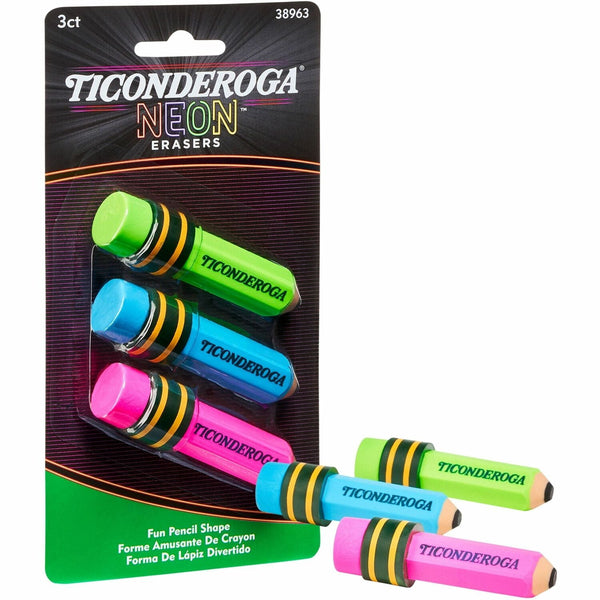 Ticonderoga Style Eraser - Neon Assorted - Assorted - Pencil - 3 Each - Latex-free, Non-toxic, Smudge-free (DIXX38963) Pack of 3
