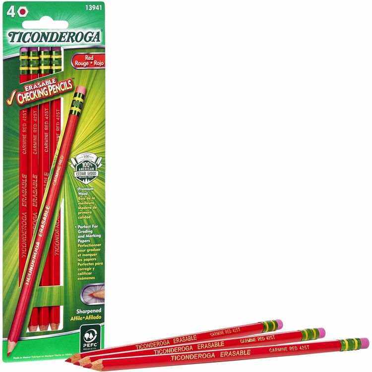 Ticonderoga Erasable Cheking Pencils - Carmine Red Lead - Carmine Red Barrel - 4 / Box (DIXX13941)