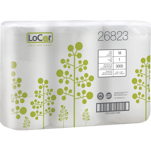 LoCor 2-ply Bath Tissue - 1 Ply - 3.85" x 4.05" - 3000 Sheets/Roll - White - Single Ply, Embossed - For Bathroom, Home, Residential - 18 Rolls Per Container - 3 / Carton (SOL26823) Case of 3