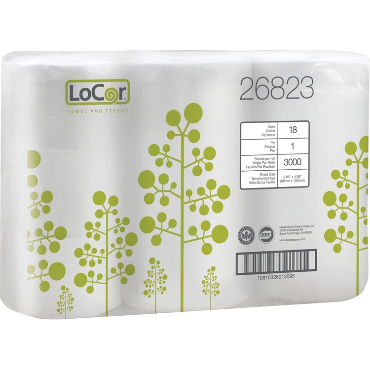 LoCor 2-ply Bath Tissue - 1 Ply - 3.85" x 4.05" - 3000 Sheets/Roll - White - Single Ply, Embossed - For Bathroom, Home, Residential - 18 Rolls Per Container - 3 / Carton (SOL26823) Case of 3