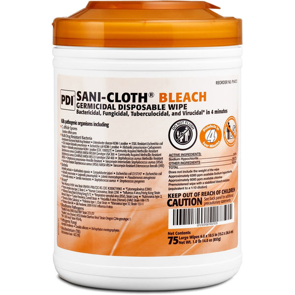 PDI Sani-Cloth Bleach Germicidal Wipes - Ready-To-Use Wipe6" x 10.50", 75 / Can - White (PDIP54072) Each