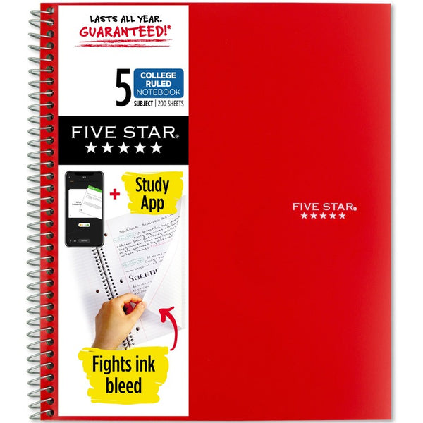 Five Star Wirebound Notebook - 5 Subject(s)200 Pages - Wire Bound - College Ruled - 8 1/2" x 11" - Red Cover (MEA820004CK1) Each