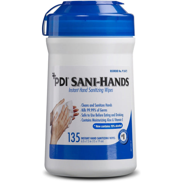 PDI Sani-Hands Instant Hand Sanitizing Wipes - 6" x 7.50" - Hygienic, Moisturizing - For Hand, Residential - 135 Per Canister (PDIP13472) Each