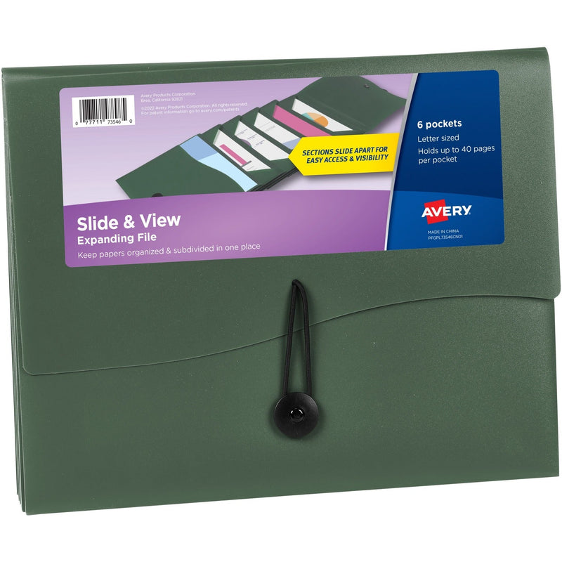Avery&reg; Slide & View Letter Organizer Folder - 8 1/2" x 11" - 40 Sheet Capacity - 6 Pocket(s) - Plastic, Poly - Sage (AVE73546) Each
