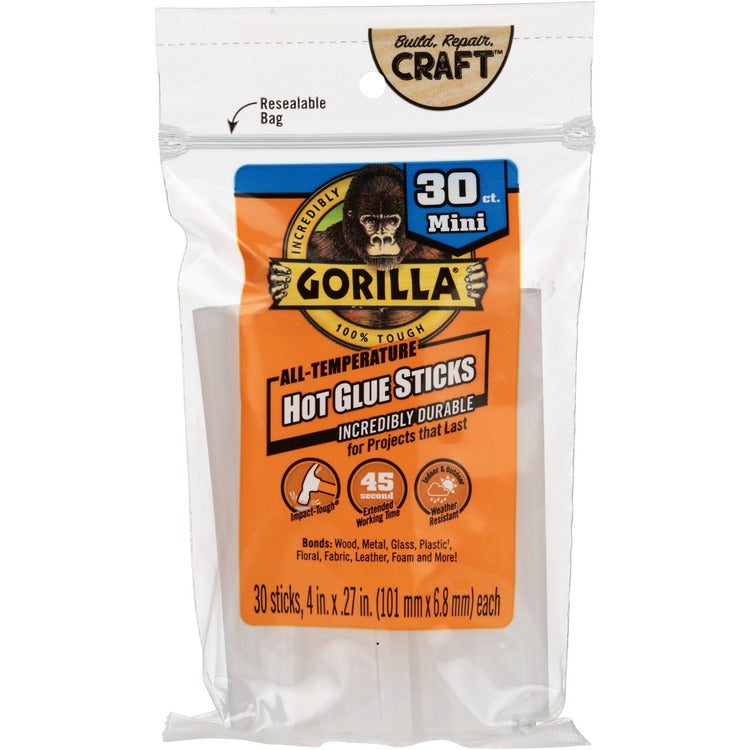 Gorilla Glue Mini Hot Glue Sticks, 0.27" dia x 4", Dries Clear, 30/Pack (GOR3023003) Pack of 30