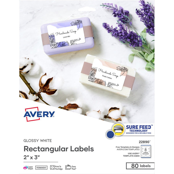 Avery&reg; Sure Feed Easy Peel Glossy Labels - 2", x 3" Width - Permanent Adhesive - Rectangle - Gloss White - 8 / Sheet - 80 / Pack (AVE22890)