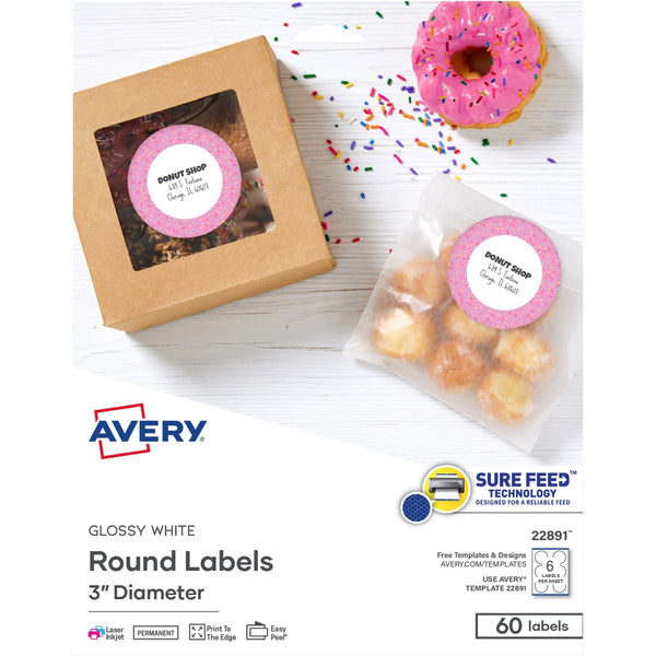 Avery&reg; Sure Feed Easy Peel Glossy Labels - 3" Diameter - Permanent Adhesive - Round - Gloss White - 6 / Sheet - 60 / Pack (AVE22891)