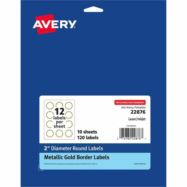 Avery&reg; Round Labels, 2" dia, White with Gold Border, 12/Sheet, 10 Sheets/Pack (AVE22876)