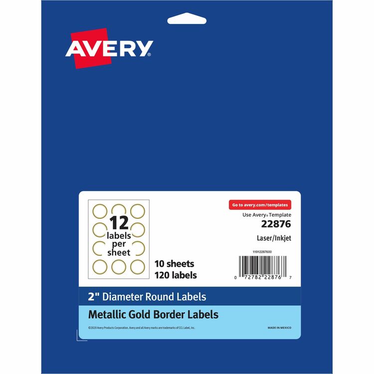 Avery&reg; Round Labels, 2" dia, White with Gold Border, 12/Sheet, 10 Sheets/Pack (AVE22876)