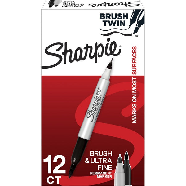 Sharpie Brush Twin Permanent Markers - Fine, Broad, Ultra Fine Marker Point - Black - 12 / Dozen (SAN2151734)