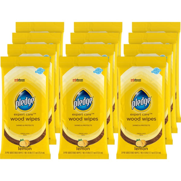 Pledge Lemon Enhancing Polish Wipes - Wipe - Lemon Scent - 7" x 10", 24 / Pack - 12 / Carton - Yellow (SJN336297CT)