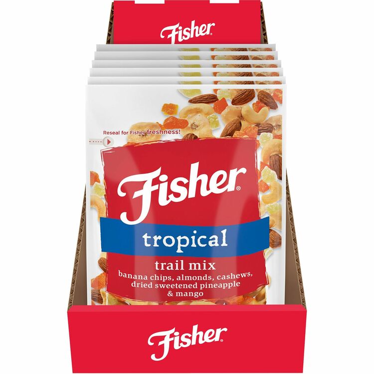 Fisher Tropical Trail Mix - No Artificial Color, Resealable Bag - Banana, Almond, Cashew, Pineapple, Mango - 6 / Carton (JBSP27165)