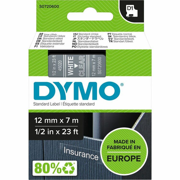 Dymo D1 Self Adhesive Tape Cassette, 15/32" Width, Rectangle, Thermal Transfer, Glossy, Transparent, White (DYMS0720600)