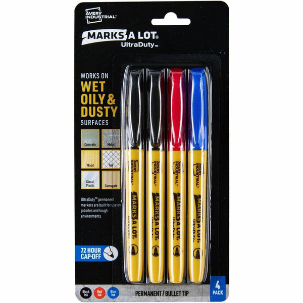 Avery&reg; UltraDuty Markers, Bullet Tip, 4 Assorted Markers (29848), Bold Marker Point, Black, Red, Blue, Polyester Tip, 4 Pack (AVE29848)