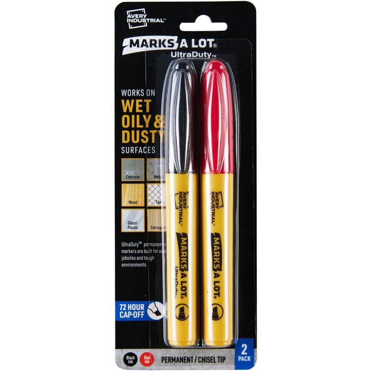 Avery&reg; UltraDuty Markers, Chisel Tip, 2 Assorted Markers (29863), Bold, Narrow Marker Point, Black, Red, Polyester Tip, 2 Pack (AVE29863)