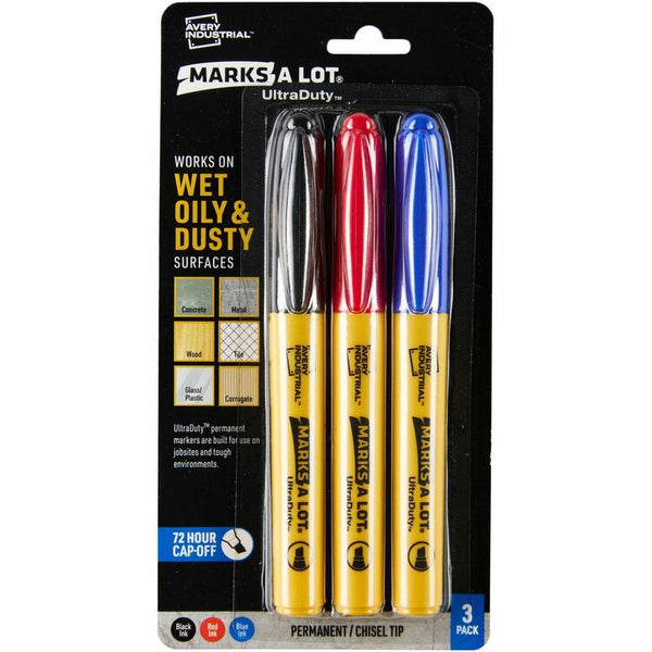 Avery&reg; UltraDuty Markers, Chisel Tip, 3 Assorted Markers (29864), Bold, Narrow Marker Point, Black, Red, Blue, Polyester Tip, 3 Pack (AVE29864)