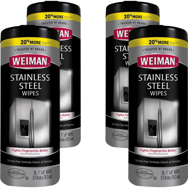 Weiman Stainless Steel Wipes - 30 / Canister - 4 / Carton - White (WMN92ACT)