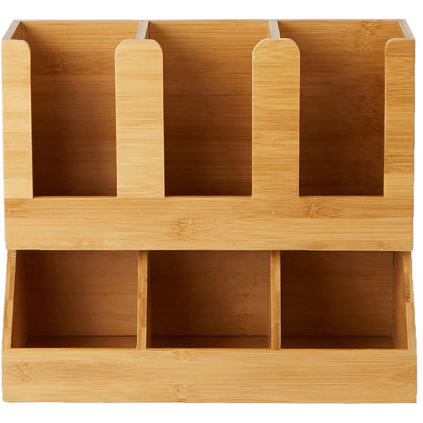Mind Reader 6-Compartment Cup/Lid Bamboo Organizer, 6 Compartment(s), 2 Tier(s), 13.5" Height x 11.7" Width x 6.6" Length, Brown, Wood, Bamboo (EMSUPBMB) Each
